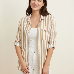 Jane & Delancey Beige and White Striped Button-Up Shirt